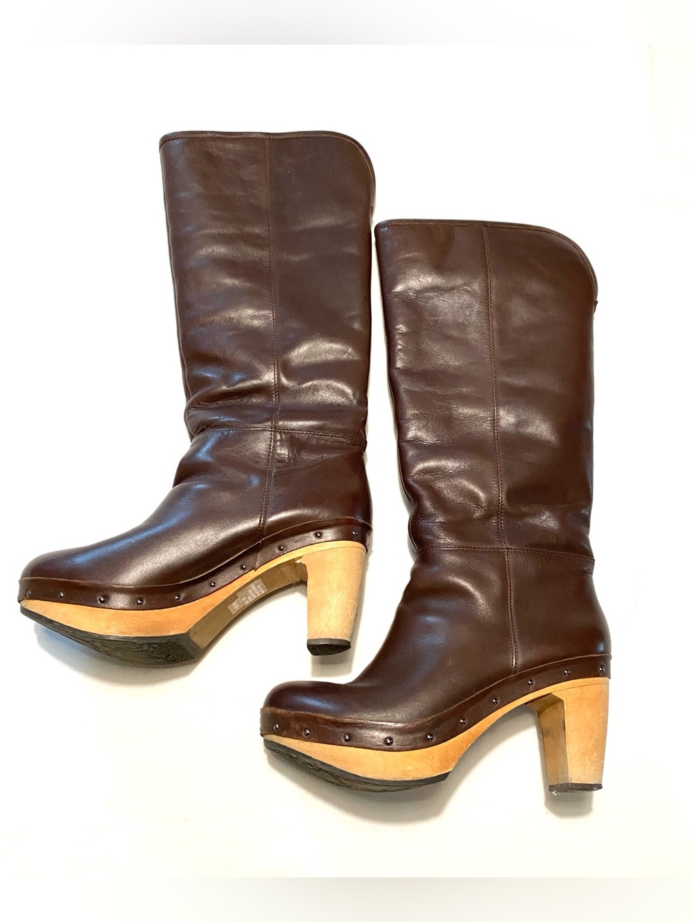 Report Brooks Brown Leather Clog Boots 7.5 Wood Heel Platform Studded Y2K Boho